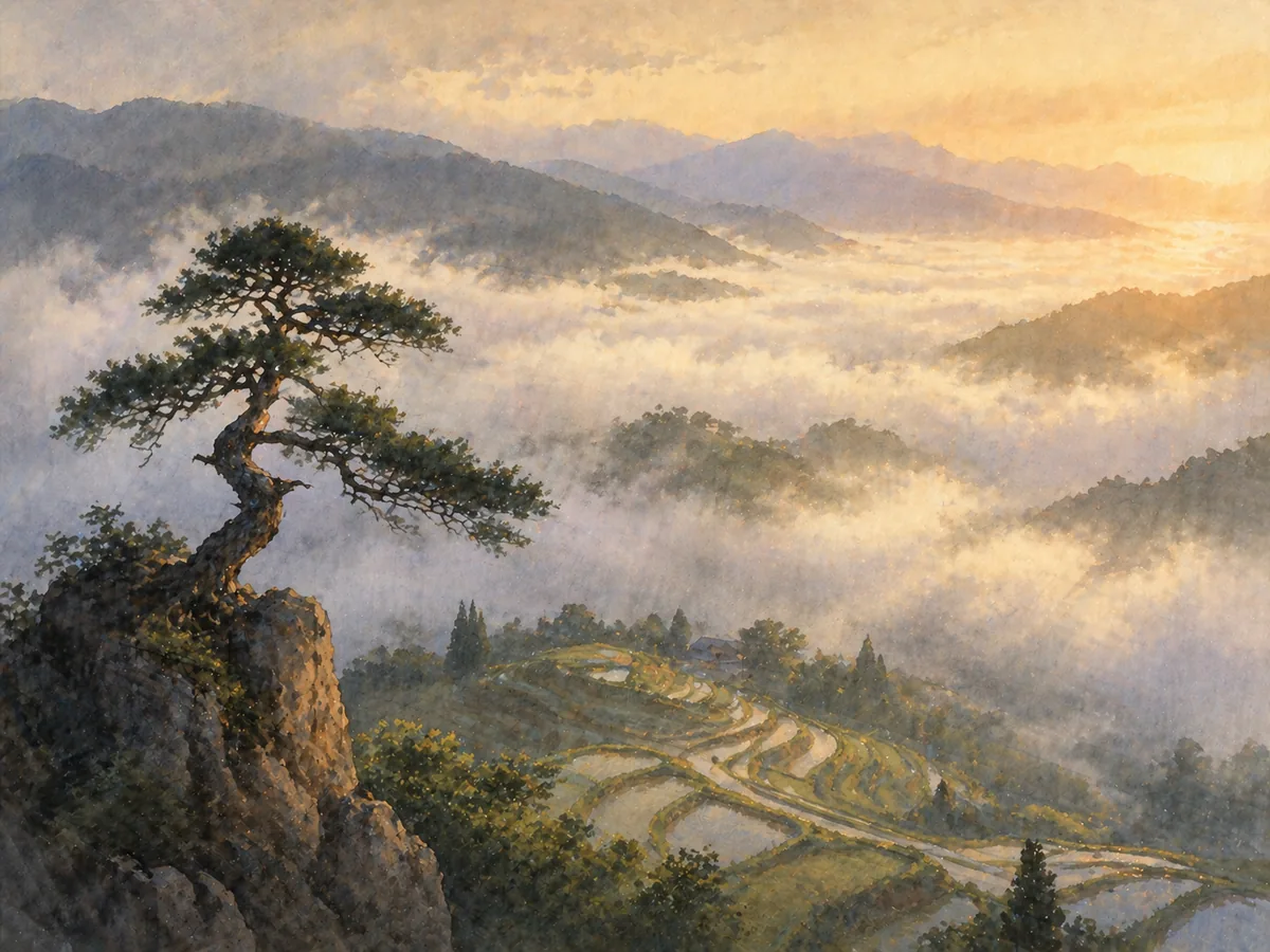 Atmospheric landscape — pastoral Japanese satoyama, referencing the visual register of Studio Ghibli artbooks
